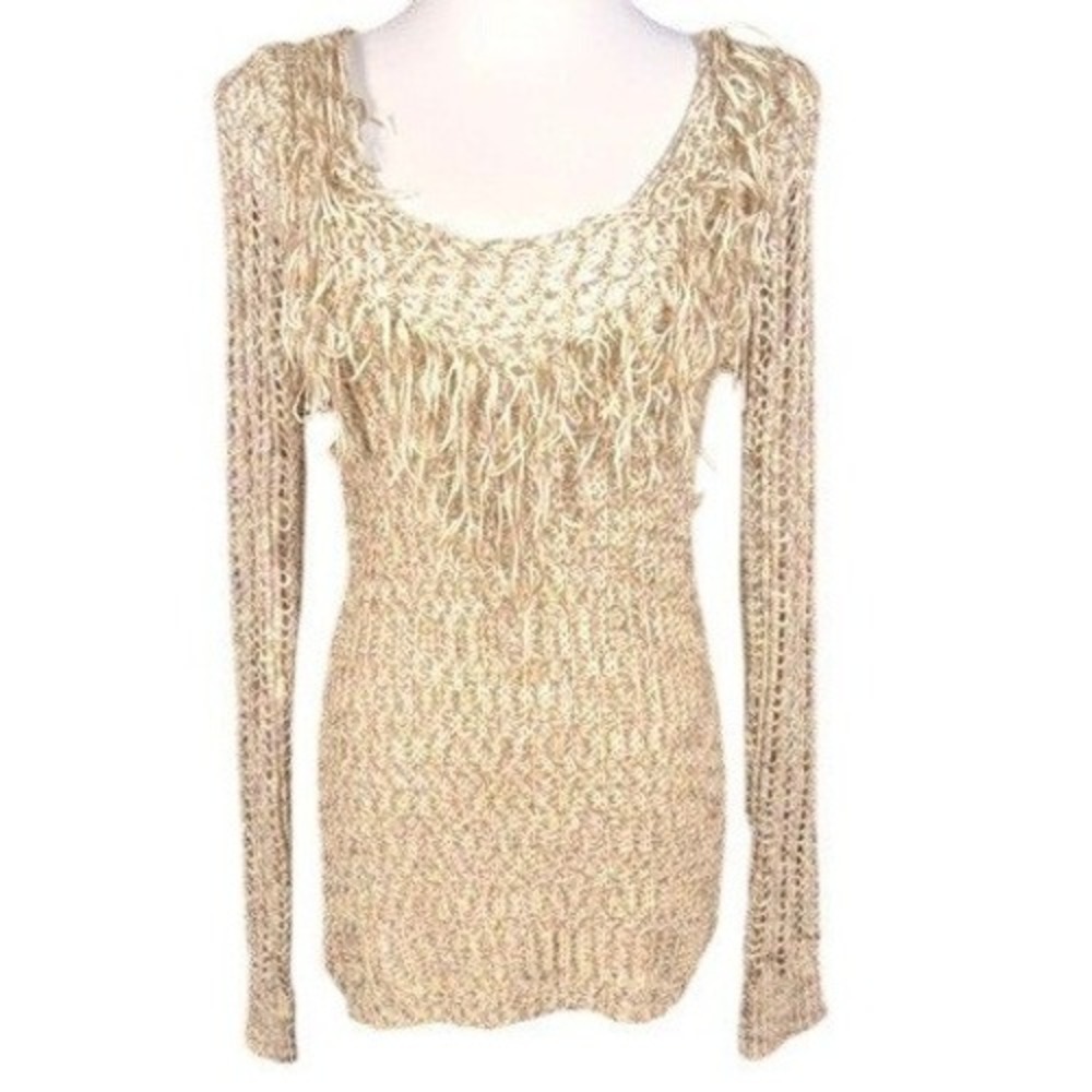 BKE Sweater‎ Womens Medium Linen Blend Fringe Scoop Neck Tan Marled Open Knit
